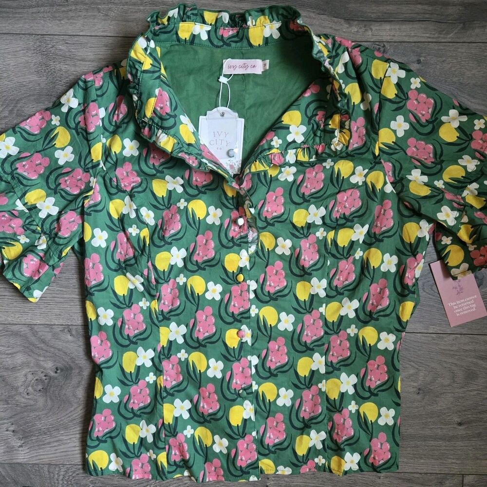NWT Ivy City Co Sutton Blouse Medium Citrus Floral Lemon Berry Ruffle Top Cotton